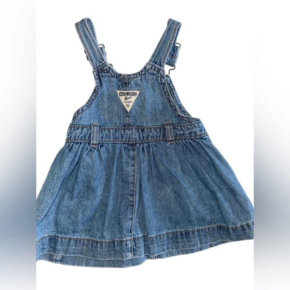 OshKosh B'gosh Vestbak Denim Overall Dress Blue Bow Cute Light Wash size 12m - Picture 2 of 4